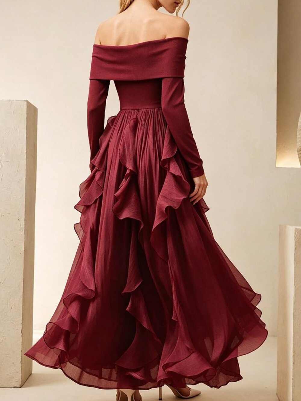 Burgundy Women's Party Off-Shoulder Zipper Ruffle Hem A-Line Long Dress - Picture 2 of 7